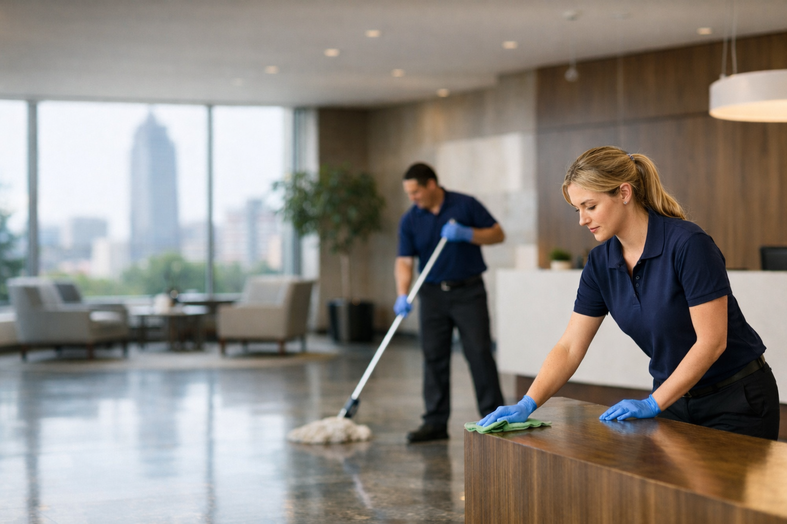 MHS Commercial Cleaning professional team cleaning Tulsa office lobby